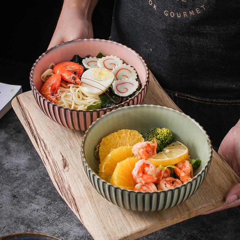 复古和风手工蓝色剔花黑陶日式粗陶碗窑变家用竖条纹钵碗做旧面碗