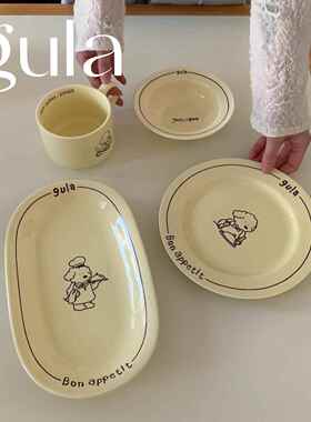 gula【棕色点点陶瓷四件套】棕色印花奶黄色陶瓷杯/碗/盘餐具套组