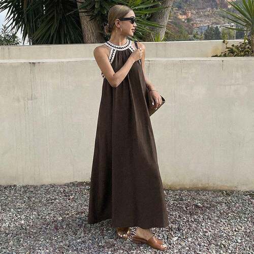 Lace Backless Halter Neck Straps Dress Loose Sleeveless