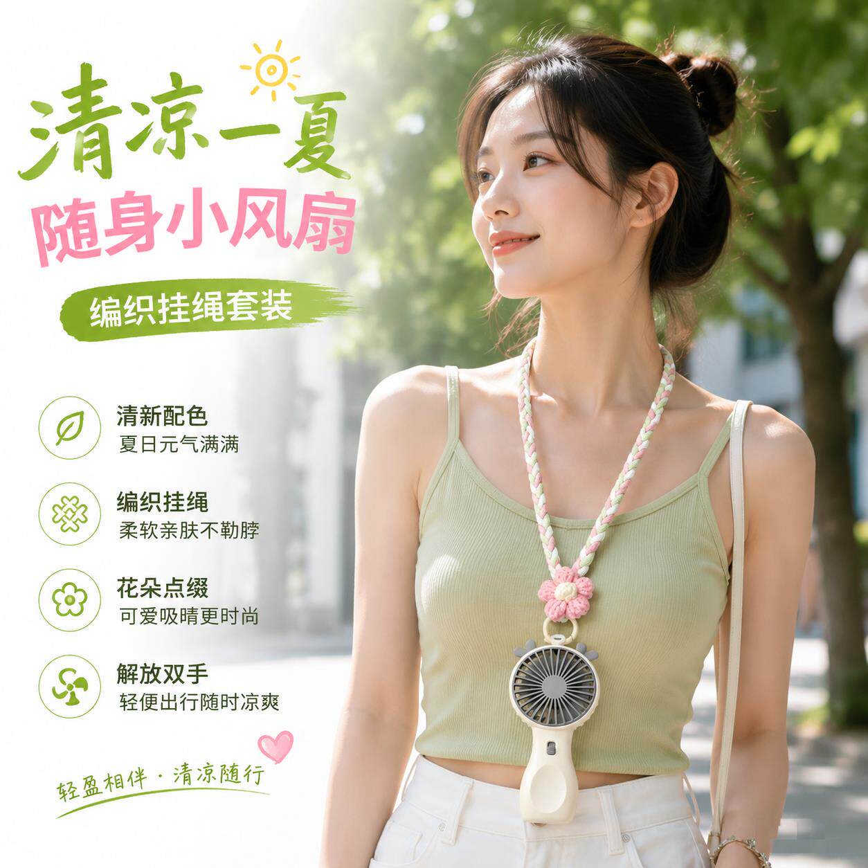 小风扇挂颈绳子夏季学生手机挂绳女精致高级感结实耐磨编织防丢绳