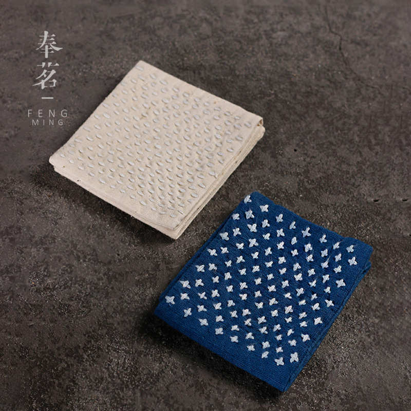 棉麻茶巾 刺绣双色茶席 吸水方巾小茶巾 擦壶巾 功夫茶配