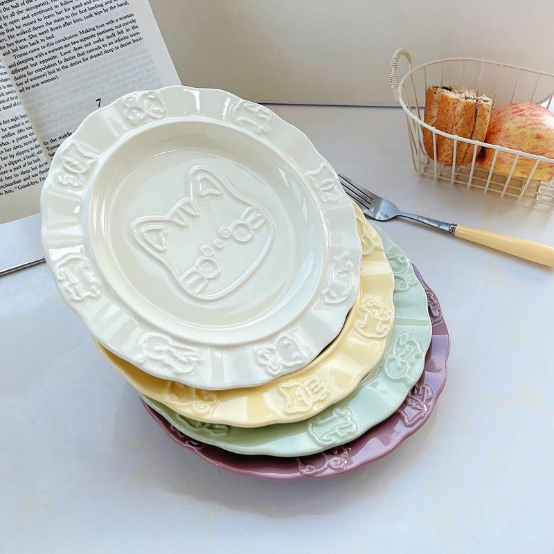 甜水面ins猫咪浮雕陶瓷盘子西餐牛排盘家用菜盘意面甜品盘水果