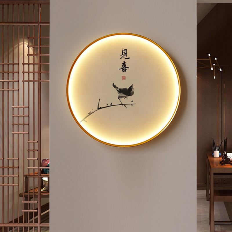 中式圆形挂画入户玄关墙画寓意好见喜带灯发光LED装饰画