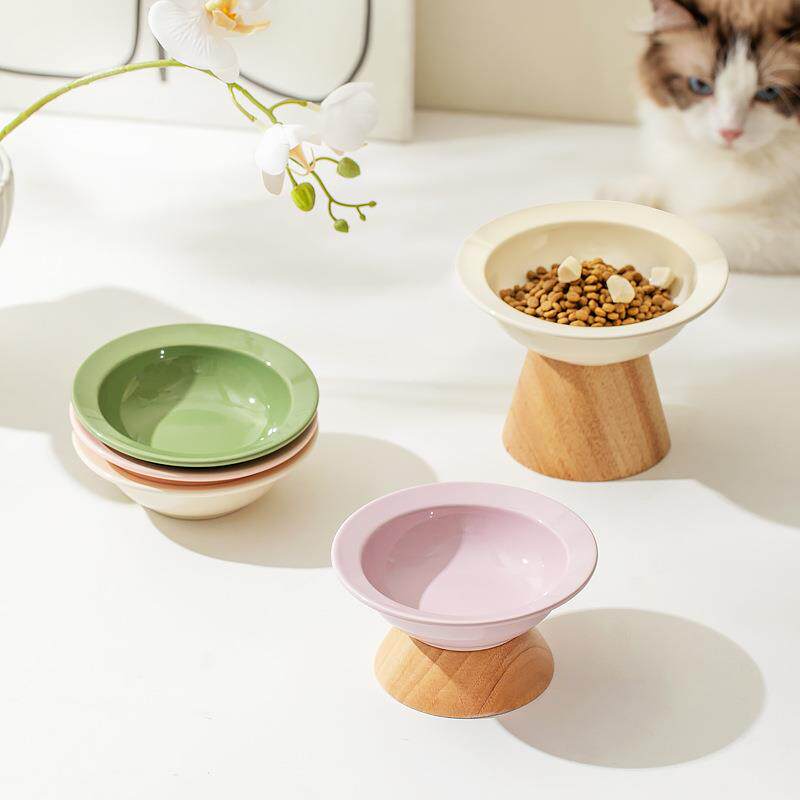 陶瓷大小号猫碗宠物碗高脚防打翻猫咪粮碗狗碗斜口护颈饮水草帽碗