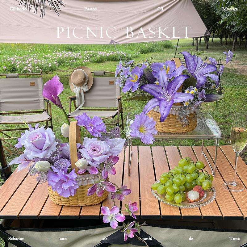 野花餐仿饰真花件藤编手提花篮摆假花装花插花餐桌花布细编椭圆置