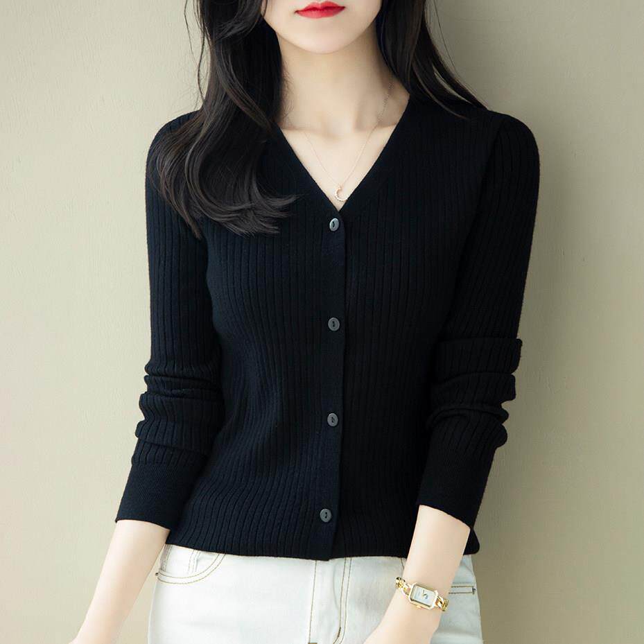 黑色长袖羊绒针织V领开 衫女2025年春秋新款显瘦打底毛衣外穿上衣