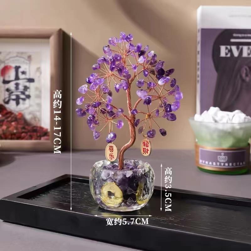 天然水晶碎石发财树手工编织钻石碗生命树家居桌面装饰水晶树摆件