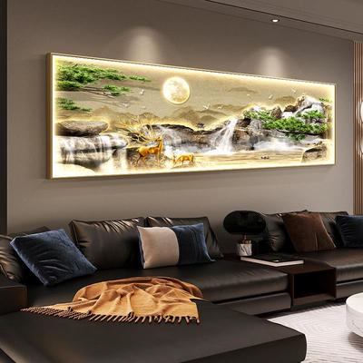 流水生财客厅装饰画山水风景迎客松壁画沙发背景墙带led灯光挂画