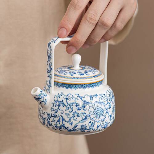 中式羊脂玉瓷青花茶壶小号提梁壶陶瓷茶具汝瓷泡茶壶复古手工单壶