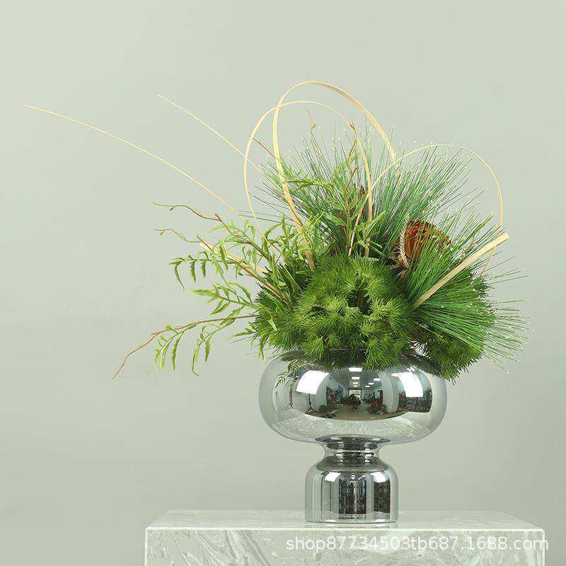 简约现代银色镜面玻璃花瓶摆件客厅插花轻奢高档花器仿真花装饰品