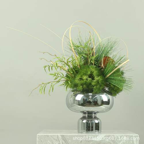 简约现代银色镜面玻璃花瓶摆件客厅插花轻奢高档花器仿真花装饰品