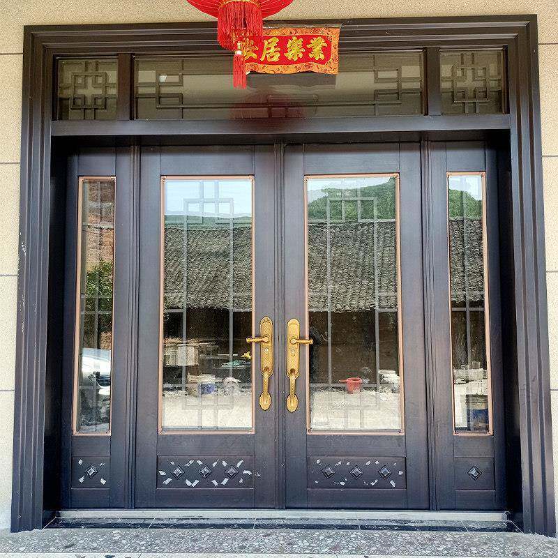 别墅大门双开门锌合金钢化玻璃门入户门农村自建房四开大门进户门