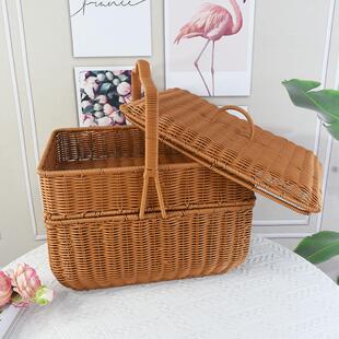 仿藤编手工编织手提篮收纳篮带盖野餐双层篮子家用长方形拜拜篮子