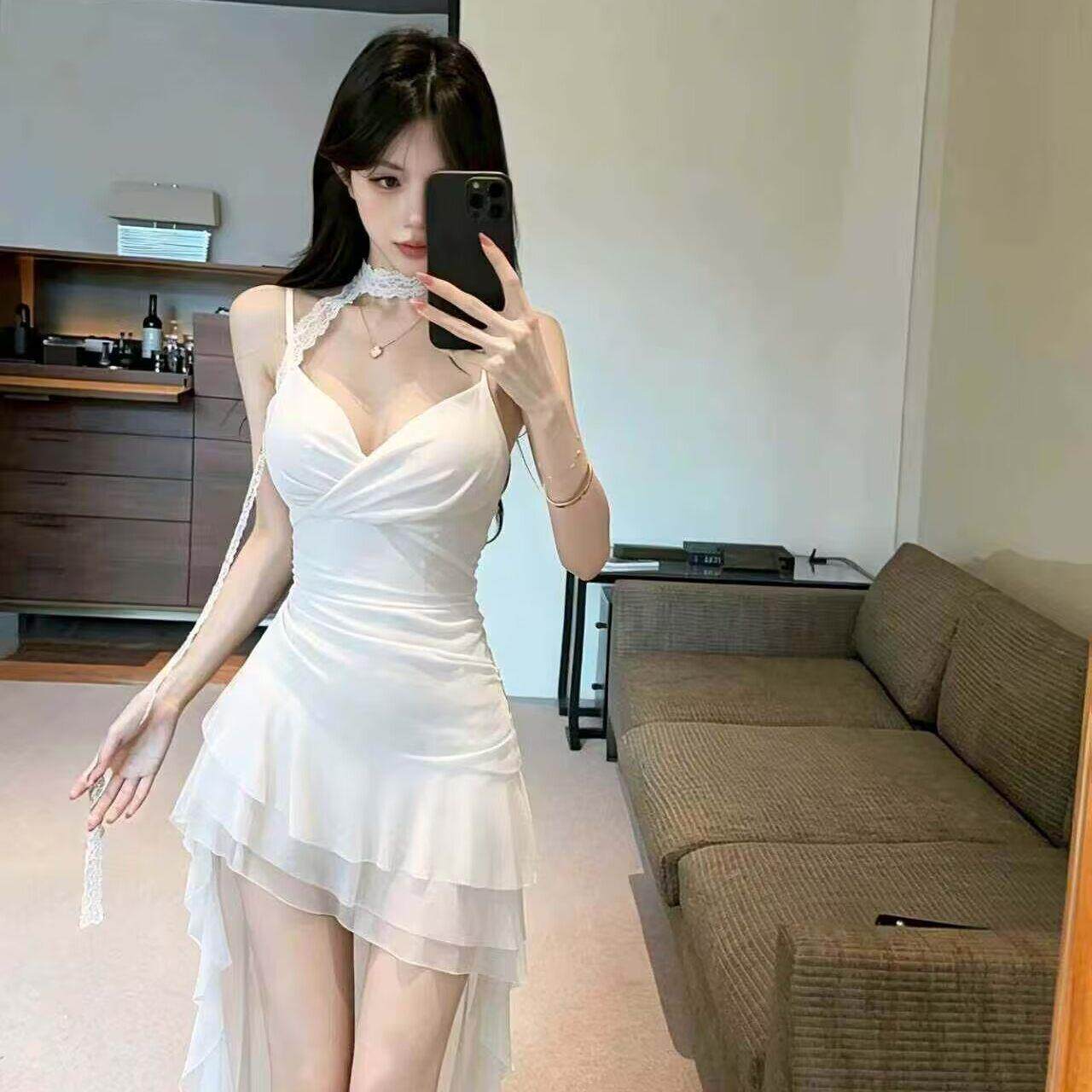 性感低胸网纱不规则打底吊带洋装女新款足浴足疗按摩技师服