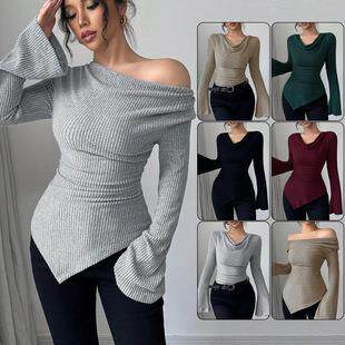 Women'S Asymmetrical Neck Long Sleeve , Comfortable Soft