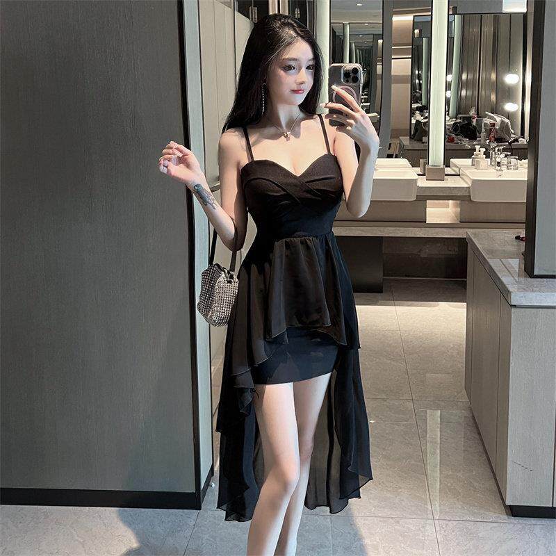 夜店女性感抹胸前短后长雪纺燕尾礼服裙气质不规则裙摆吊带连衣裙