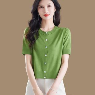 桑蚕丝短袖针织开 衫女夏款圆领短款上衣配裙子外搭薄款高腰小外