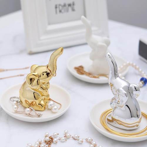 新款直销外贸供应白盘金色小象首饰盘白色大象陶瓷立体装饰碟戒指
