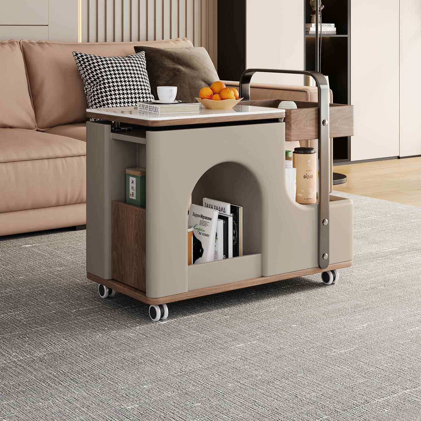 奶油风可升降旋转小户型家用现代简约高级感多功能储物移动小推车,住宅家具,移动边几/推车,淘宝优惠券,粉丝福利购,淘宝优惠卷