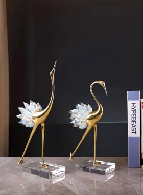 明高轻奢透晶水晶仙鹤W0270摆件金属水底座档卧室玄关家居软装装