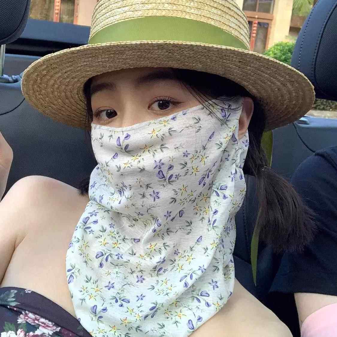 秋防晒面罩女全脸紫外线薄款遮脸面纱口罩挂耳碎花护颈脸罩脖套