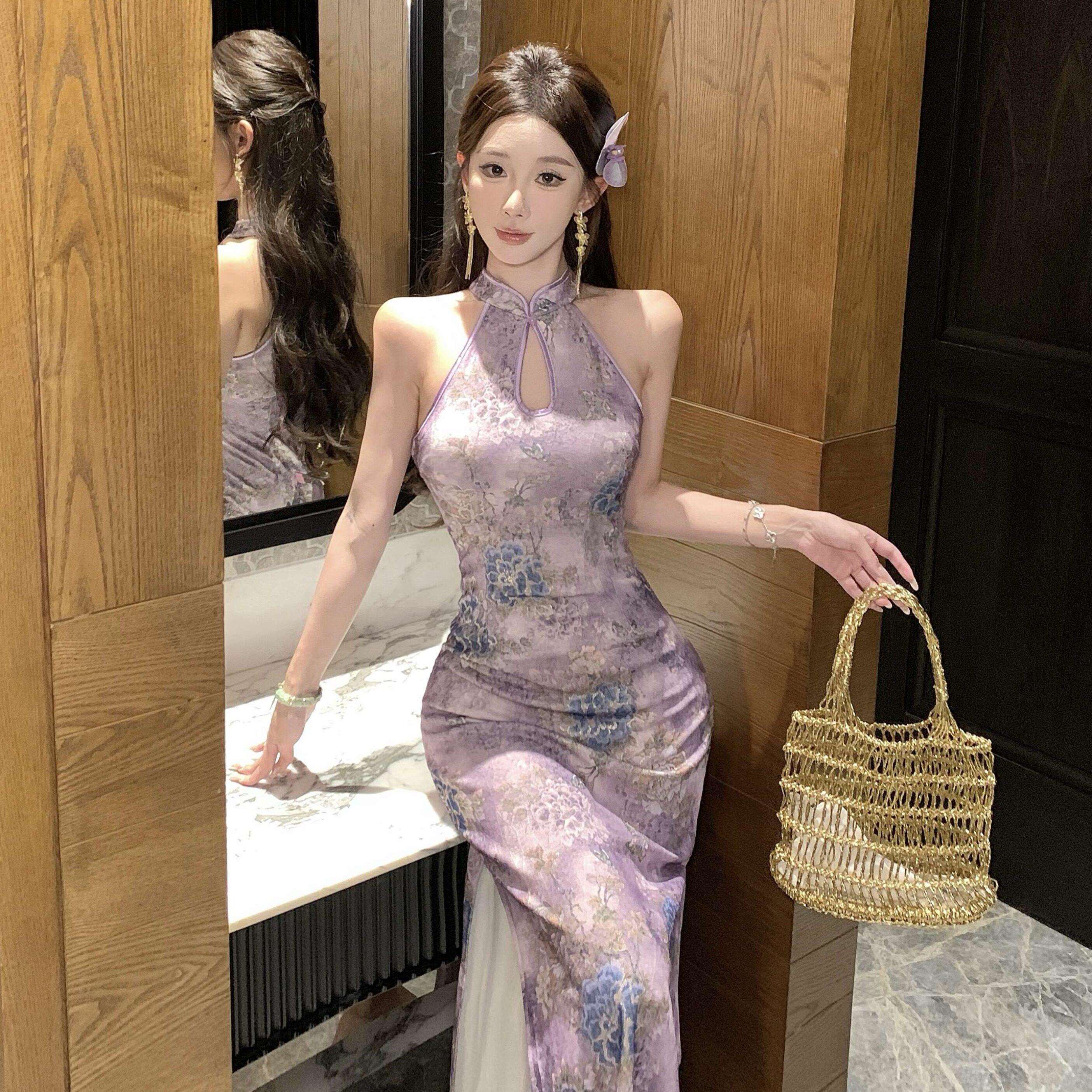 新中式国风紫色改良旗袍连衣裙女夏季高级性感晚礼服包臀挂脖长裙