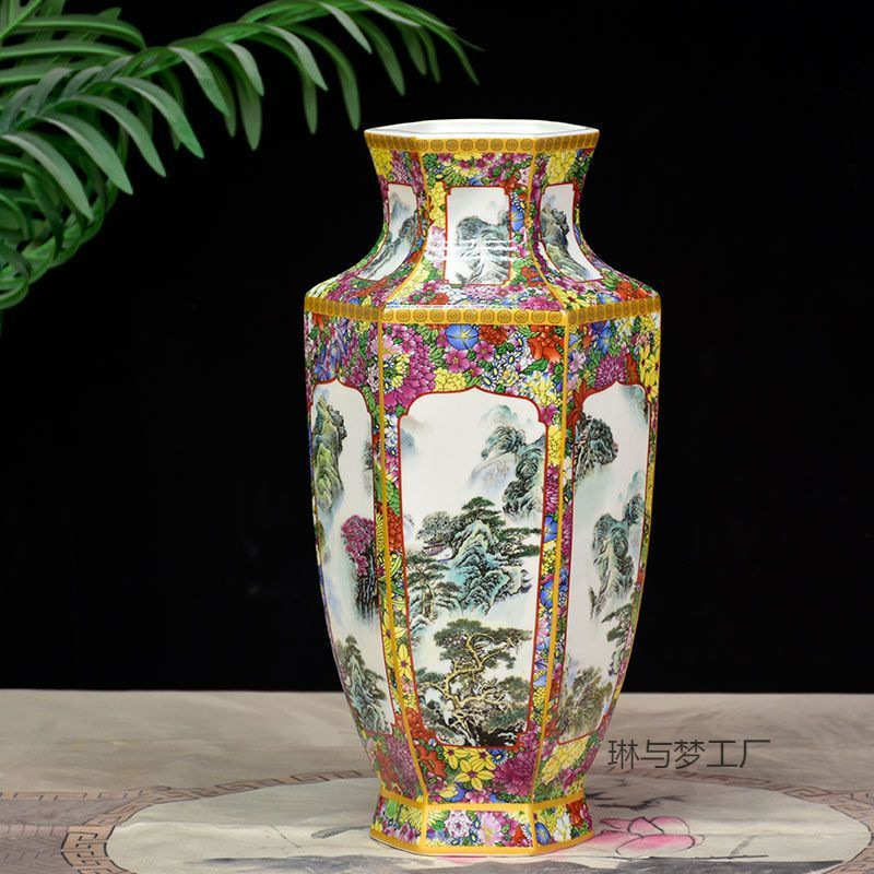 景德镇陶瓷器粉彩山水六方瓶新中式客厅玄关博古架居家装饰摆件