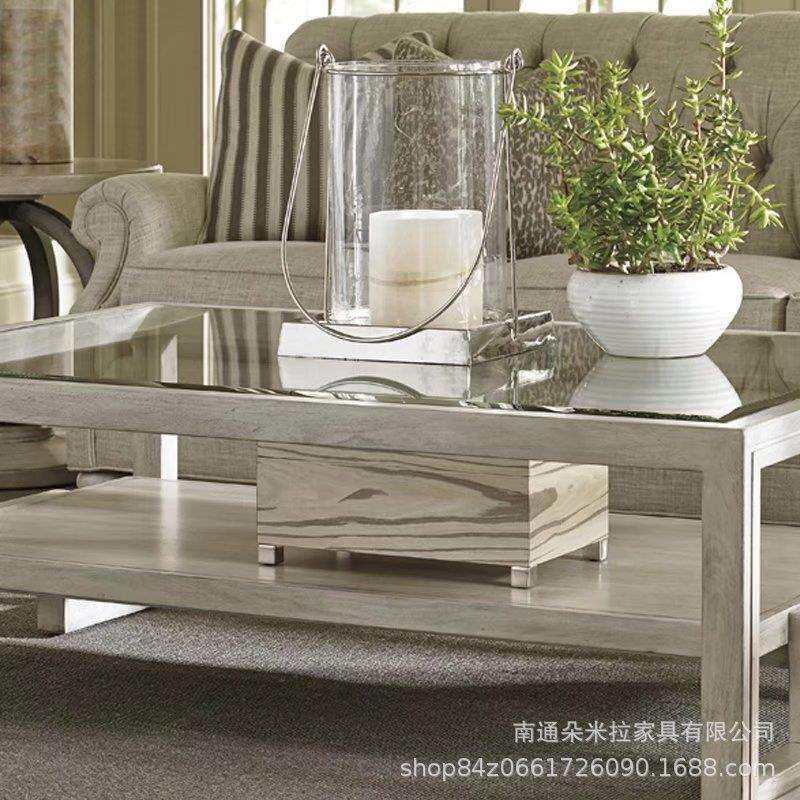 美式乡村实木雕花电视柜茶几组合白色复古做旧橡木喝茶茶几