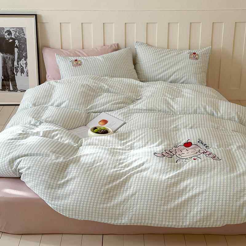 全棉A类卡通可爱少女心床单四件套纯棉被套双层纱水洗棉刺绣春夏