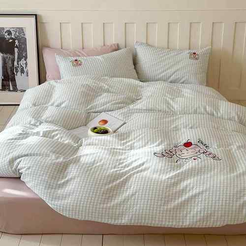 全棉A类卡通可爱少女心床单四件套纯棉被套双层纱水洗棉刺绣春夏