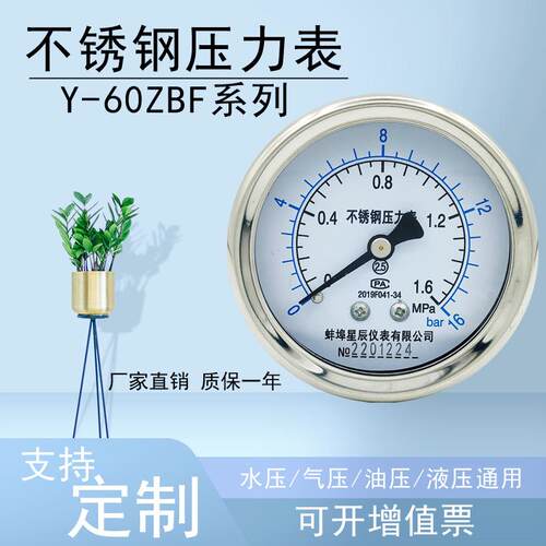 不锈钢耐震压力表 YN60ZBF 2分气压油压液压轴向无边 背接式