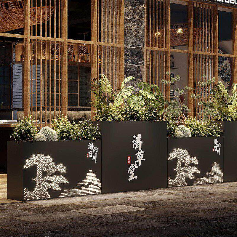 户外不锈钢花箱组合太阳能发光花盆商业广场铁艺花槽隔断围栏灯箱