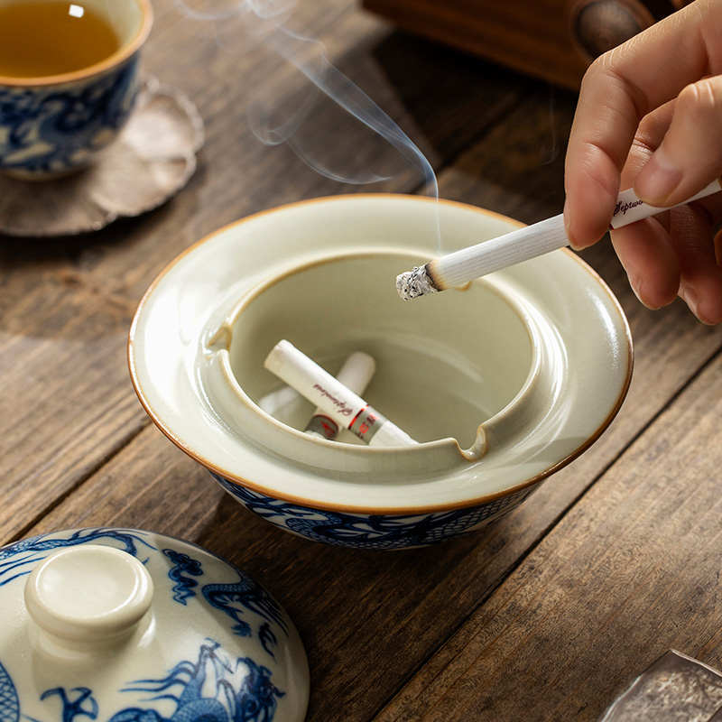 汝窑青花元龙烟灰缸带盖家用客厅高级感个性潮流防飞灰中式烟缸