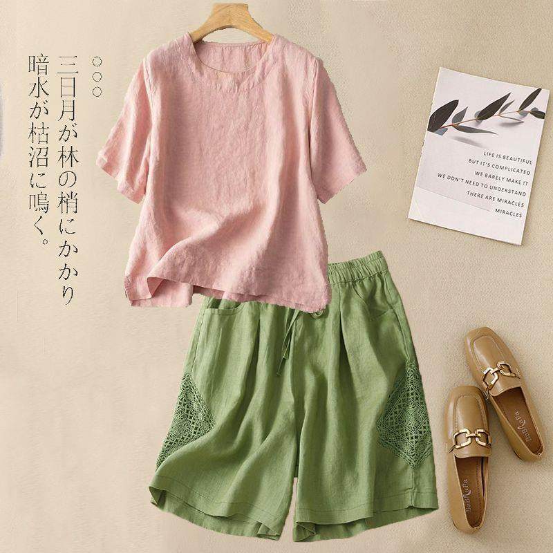 棉麻短袖T恤套装女大码妈妈装夏季文艺休闲亚麻复古短裤女两件套,女装/女士精品,休闲运动套装,淘宝优惠券,粉丝福利购,淘宝优惠卷