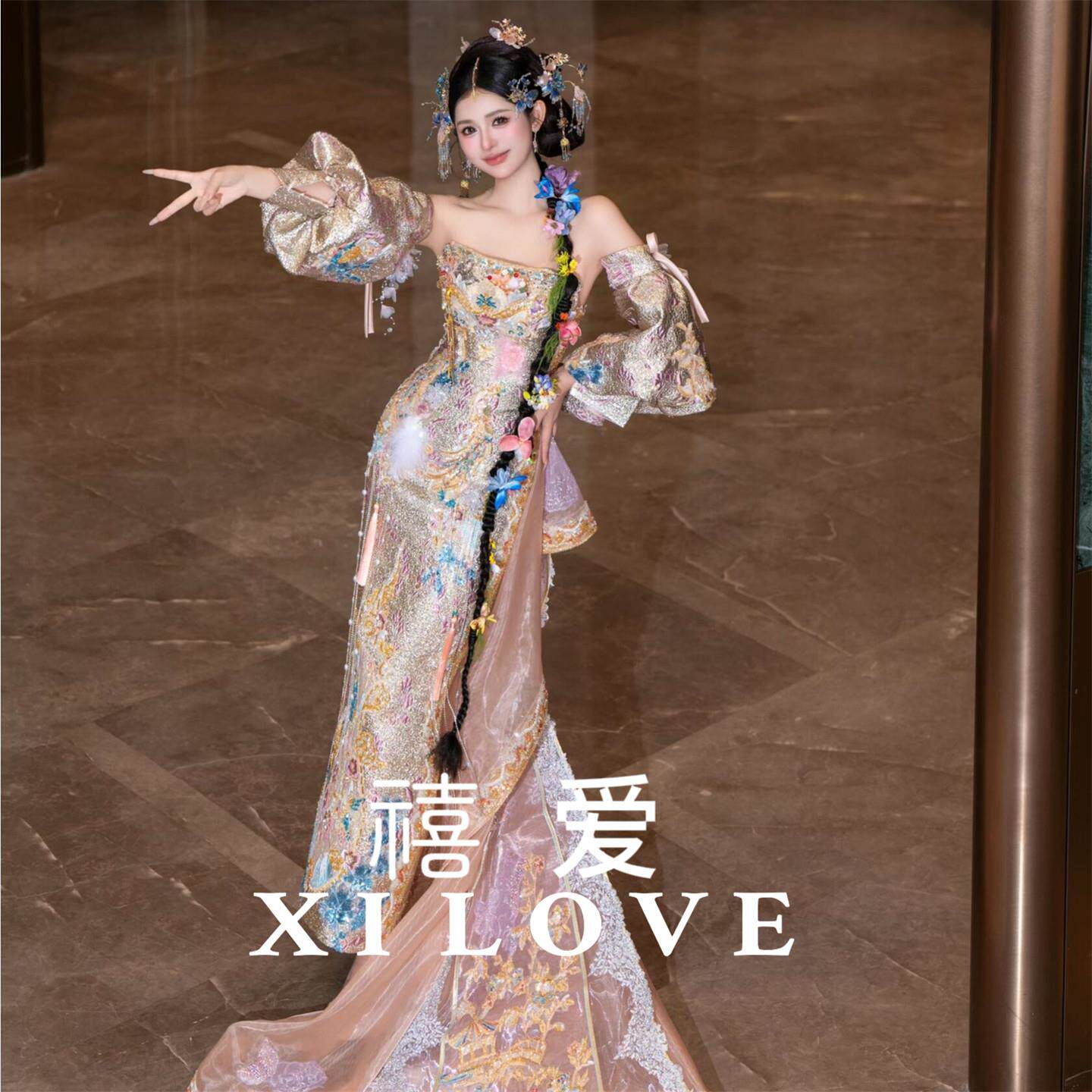 新中式重工刺绣一字肩秀禾服2025新款粉色拖尾敬酒服新娘婚服出阁