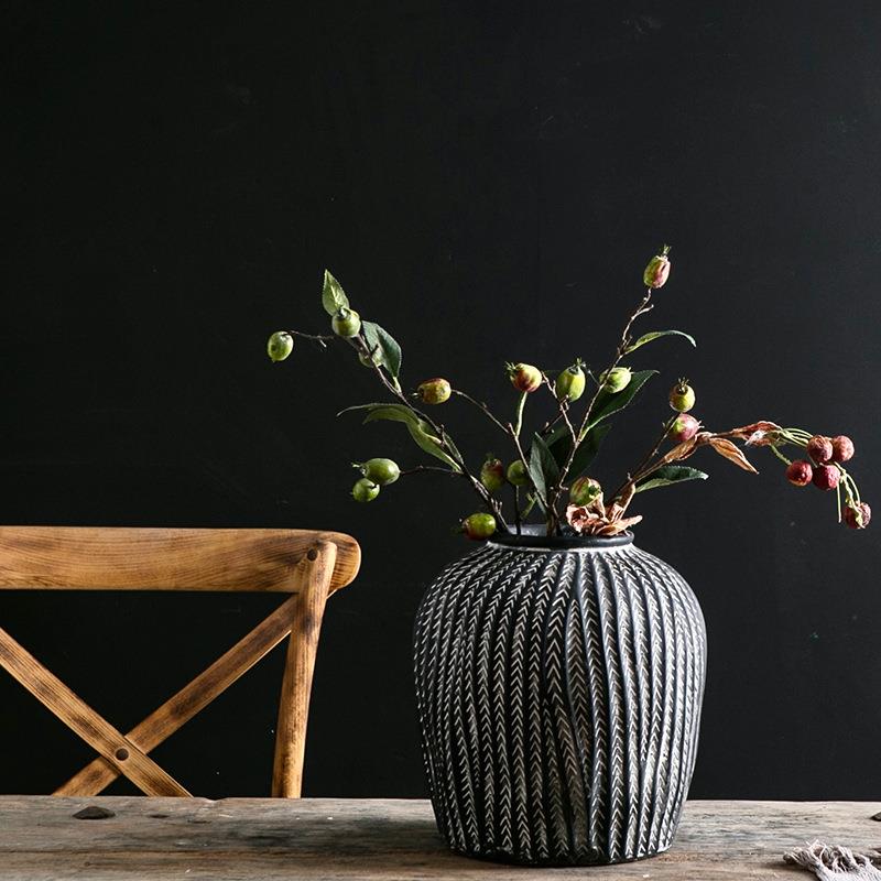 北欧复古花瓶镁泥盆黑白花盆绿植摆件客厅庭院阳台客厅落地大花盆