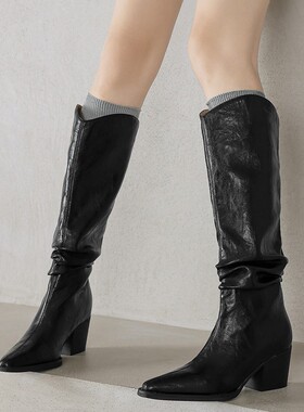 【意大利】René Vanvilla减龄废土风?粗跟6.5cm 真皮尖头堆堆靴