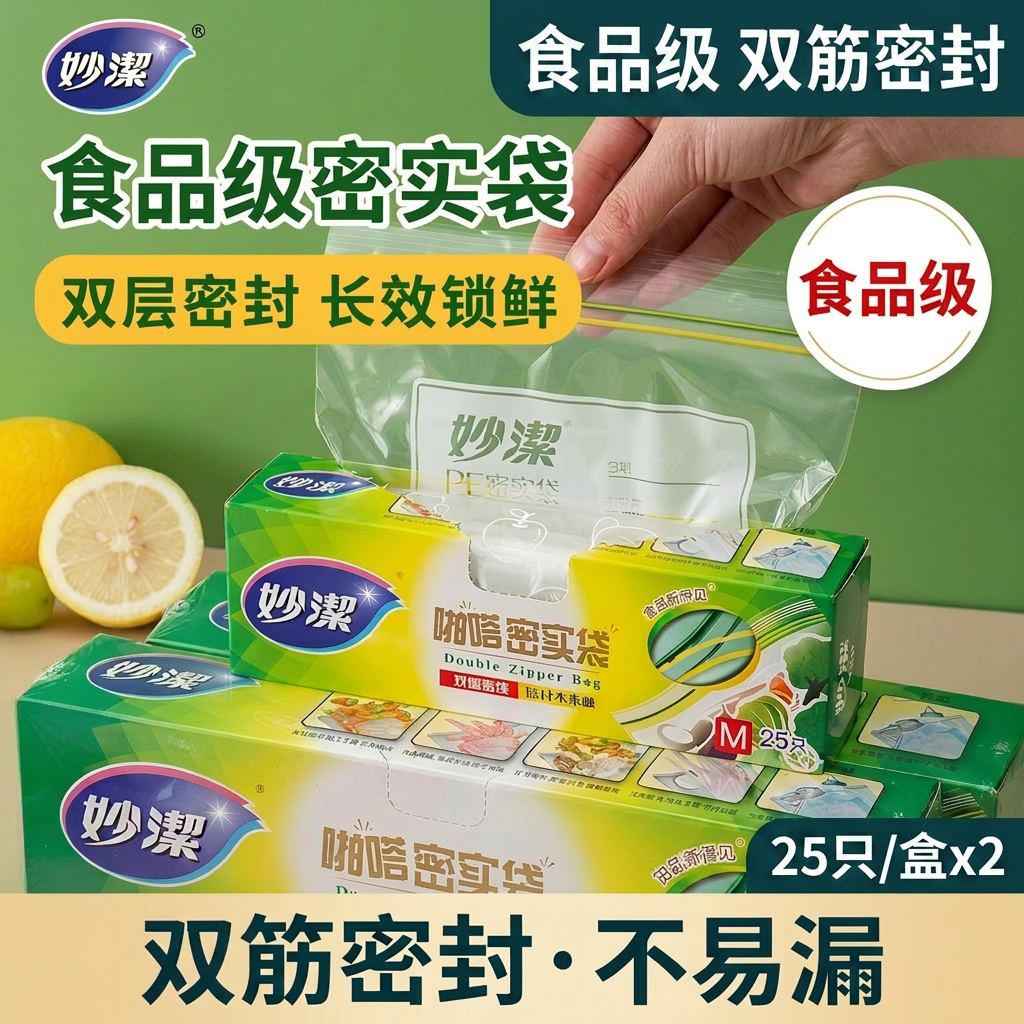 妙洁保鲜袋食品级双筋密封冰箱收纳密实袋家用厨房塑料袋