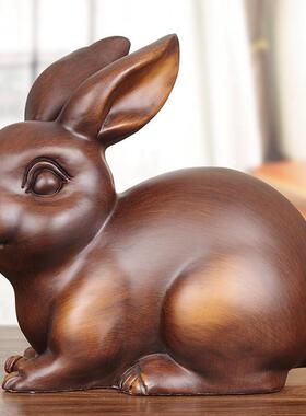 实木雕刻可爱兔子装饰品家居客厅入口酒柜办公室生肖兔子吉祥物生