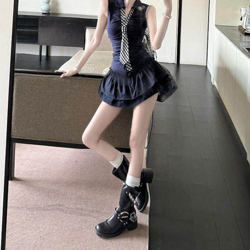 韩系甜辣妹格纹领带修身上衣蛋糕半身短裙2026夏季新款时尚套装女