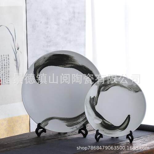 新中式陶瓷赏盘摆件样板房家居客厅玄关柜水墨摆盘软装饰工艺品