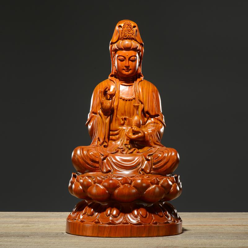 正品木雕音像摆件红坐莲佛观世音菩萨客厅装饰实木雕刻花观梨工木