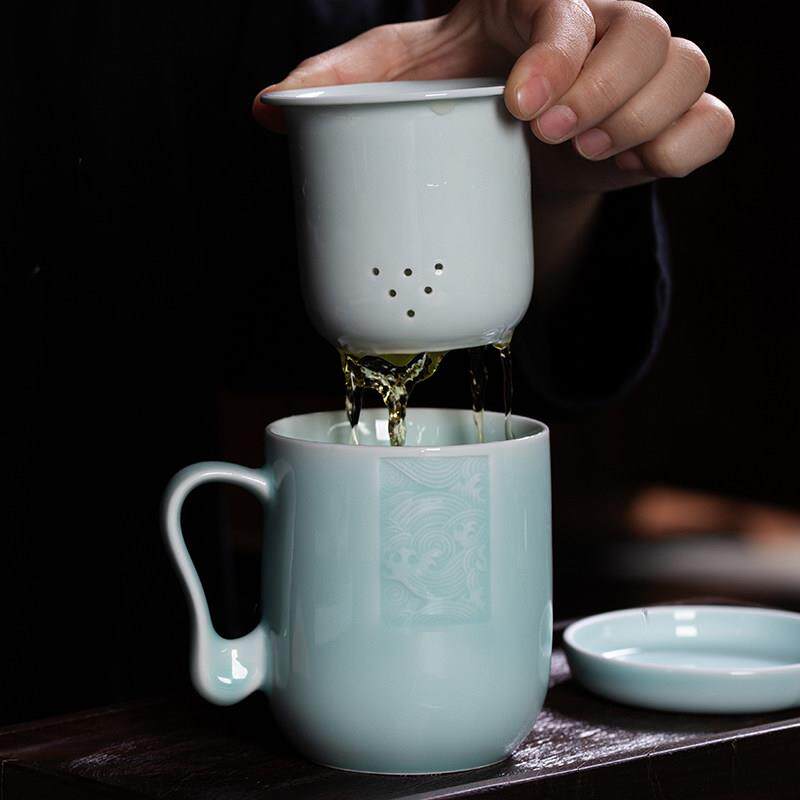 龙泉青瓷茶杯茶水分离办公杯带盖子过滤300ml泡茶杯陶瓷杯生生不