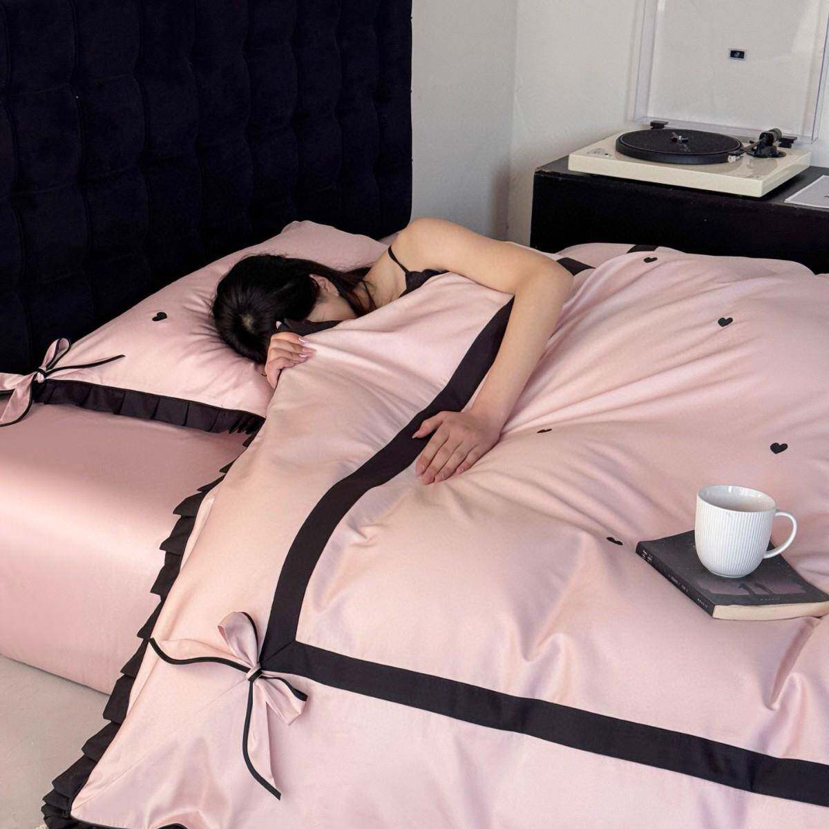 长绒棉四件套双股纯棉全棉少女心爱心荷叶变蝴蝶结床上用品