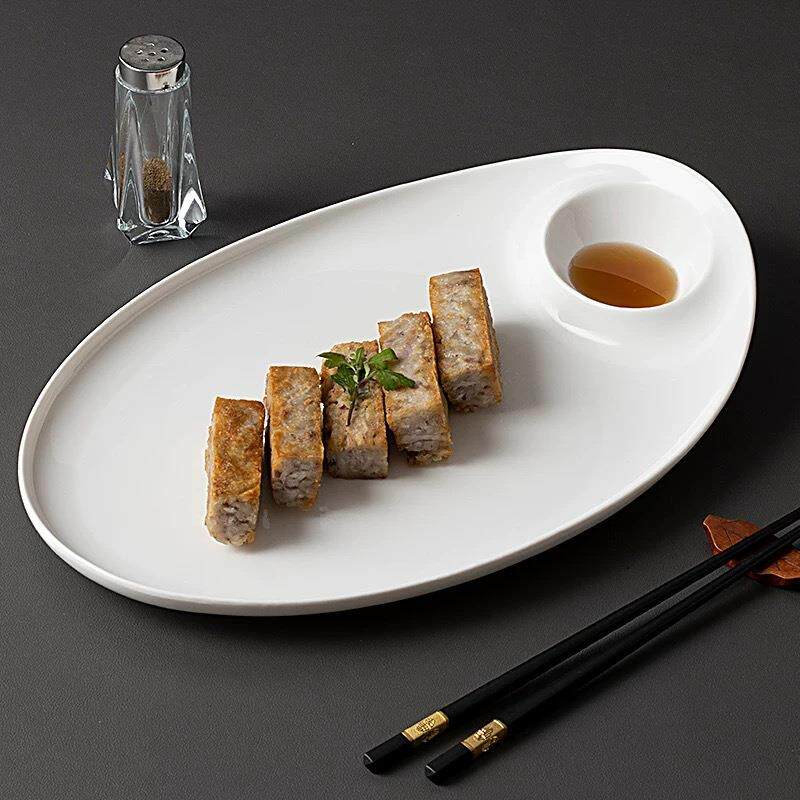 一体蘸料盘纯白陶瓷有格盘带蘸碟饺子盘酒店凉菜盘刺身盘特色菜盘