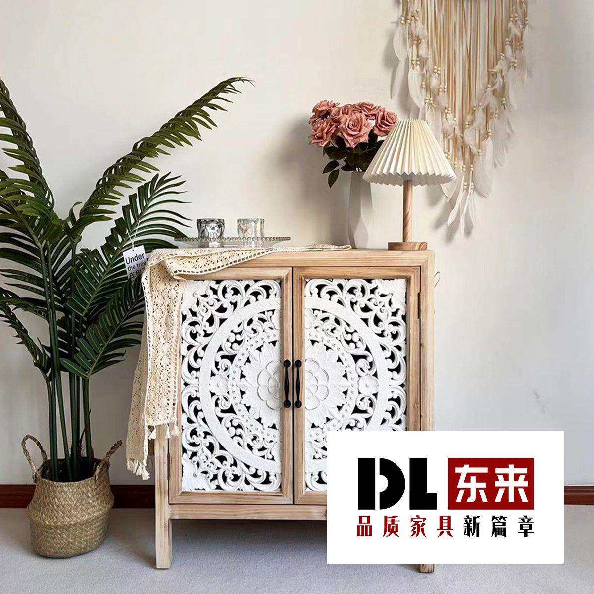 美式复古玄关柜雕花原木装饰柜客厅储物柜落地餐边柜田园风斗柜