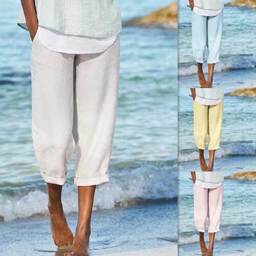 Cotton and linen elastic waist pants for women