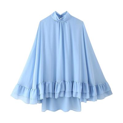 Cascading Ruffles Short Dresses Women Loose Blue Turtleneck
