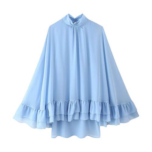 Cascading Ruffles Short Dresses Women Loose Blue Turtleneck
