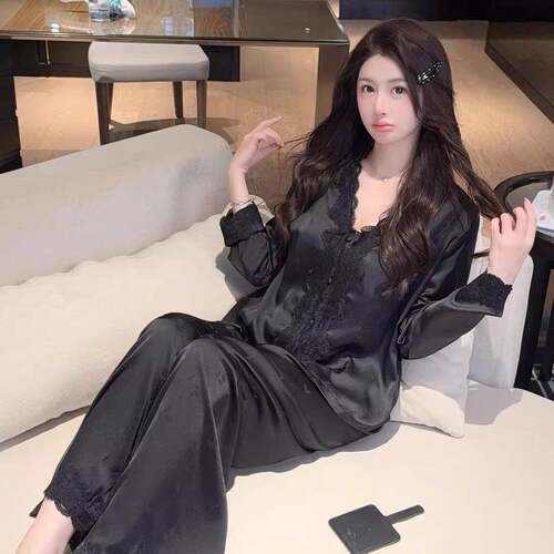长袖睡衣女秋冰丝薄款款春法式性感蕾丝边纯欲风长裤家居服0917e